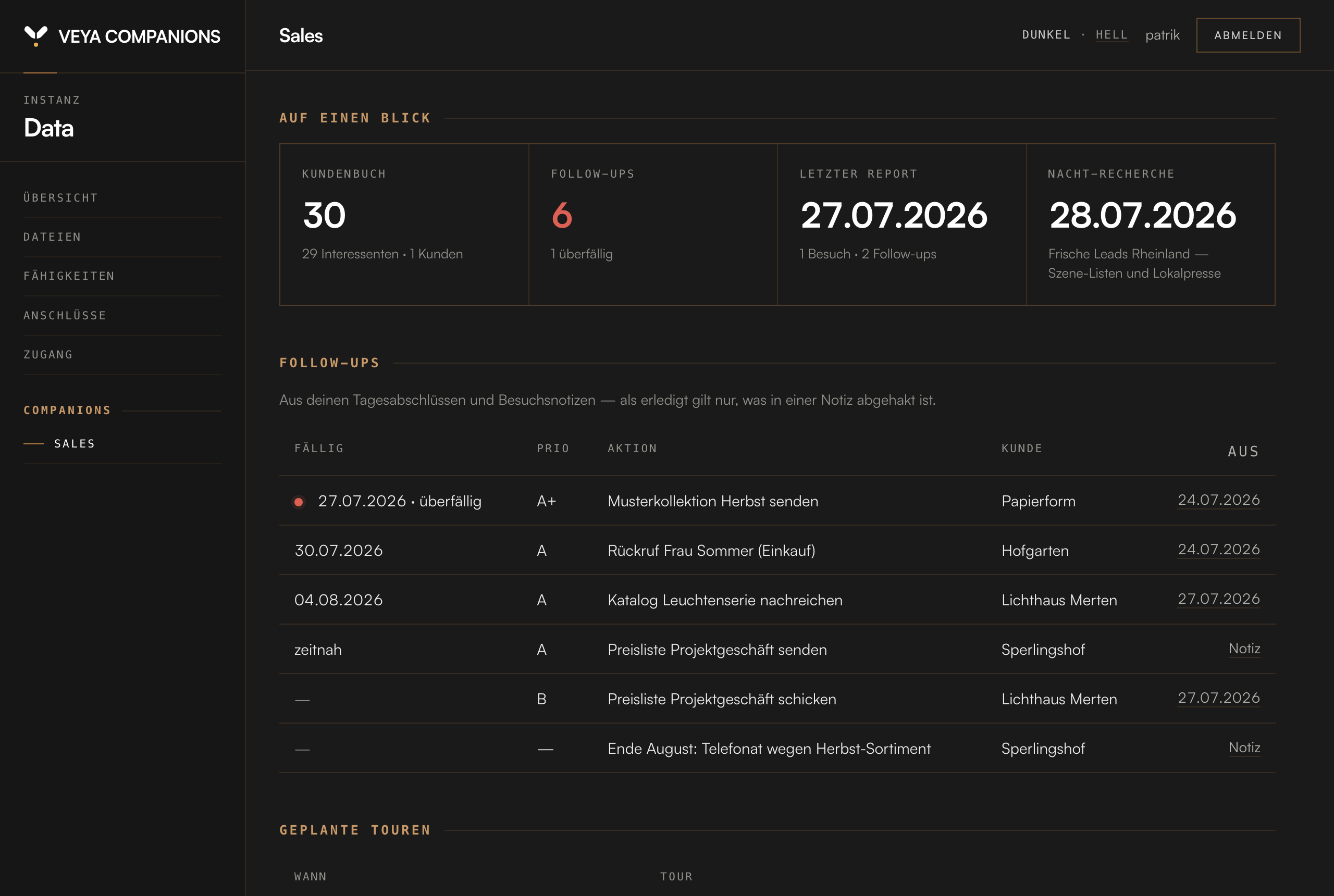 salesCOMPANION Dashboard im Browser — Tour, Nacht-Recherche und Field Report